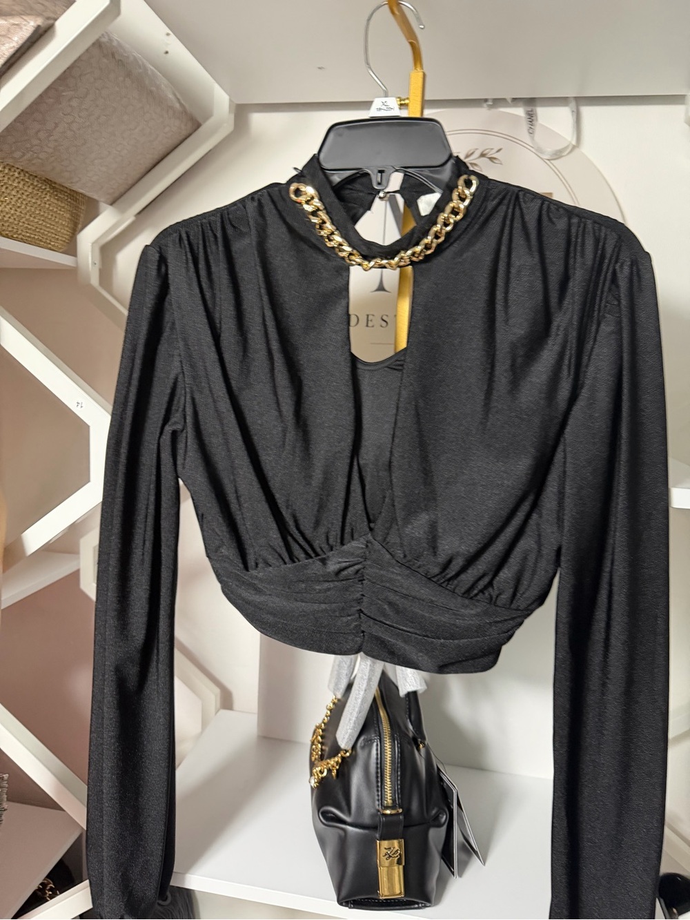 Women’s Black Long-Sleeve Chain-Accent Crop Top